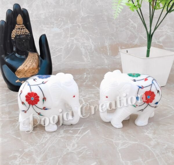 Handcarved White Marble Elephant Pair Floral Inlay Work Best Item for Home Decor and Gifting Size 3 inch
