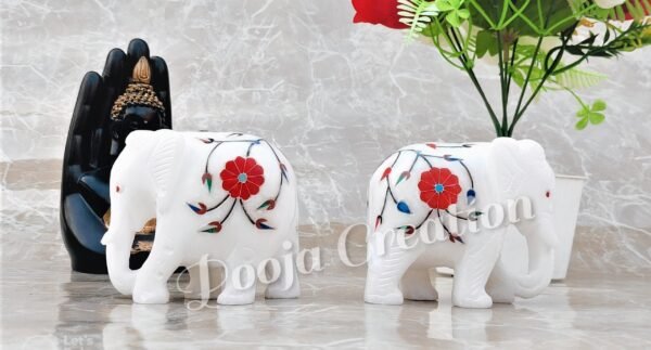 Handcarved White Marble Elephant Pair Floral Inlay Work Best Item for Home Decor and Gifting Size 3 inch - Image 8