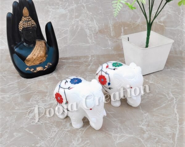 Handcarved White Marble Elephant Pair Floral Inlay Work Best Item for Home Decor and Gifting Size 3 inch - Image 2