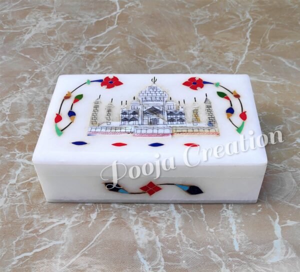 Handcarved White Marble Taj mahal and Floral inlay Work Jewellery Box for Multi Purpose Use and Perfect Gift Item for Women and Girls