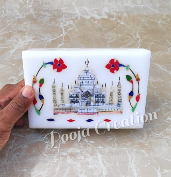 Handcarved White Marble Taj mahal and Floral inlay Work Jewellery Box for Multi Purpose Use and Perfect Gift Item for Women and Girls - Image 4