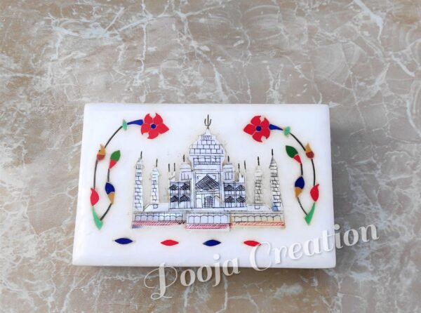 Handcarved White Marble Taj mahal and Floral inlay Work Jewellery Box for Multi Purpose Use and Perfect Gift Item for Women and Girls - Image 6