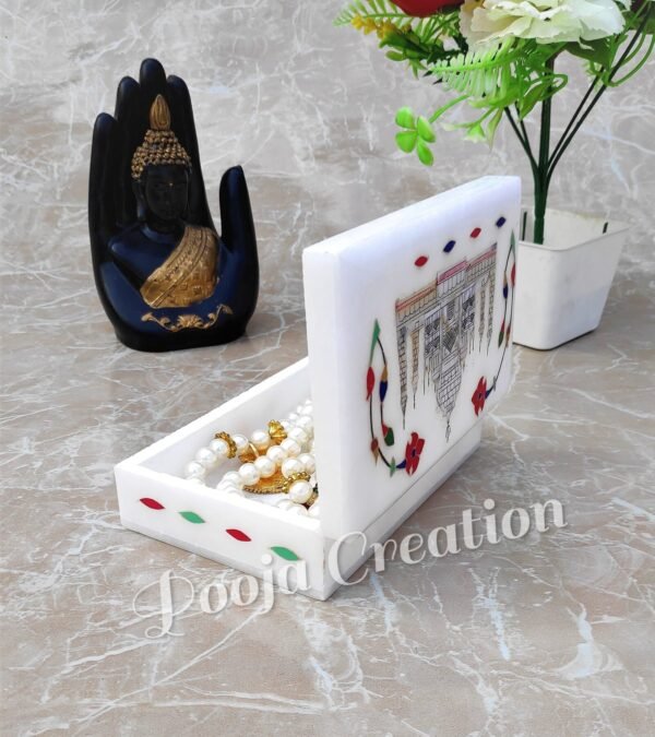 Handcarved White Marble Taj mahal and Floral inlay Work Jewellery Box for Multi Purpose Use and Perfect Gift Item for Women and Girls - Image 5