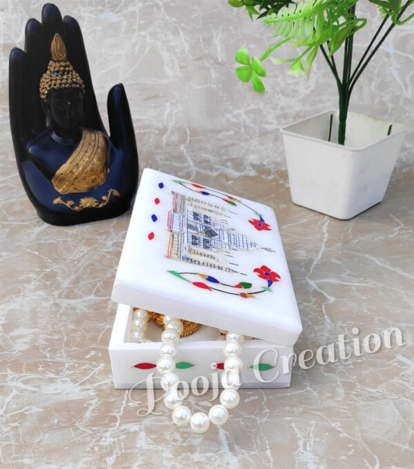 Handcarved White Marble Taj mahal and Floral inlay Work Jewellery Box for Multi Purpose Use and Perfect Gift Item for Women and Girls - Image 3