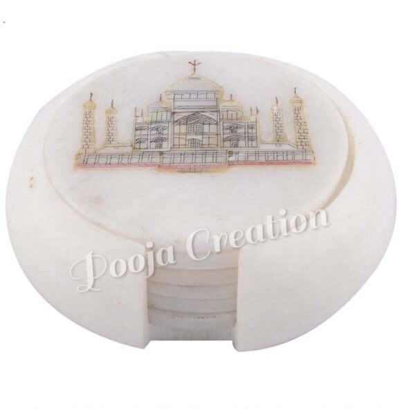 Marble Coasters with Stand Hand Carved Taj Mahal Inlay Work Home Decorative Handicraft Gift 6 Pcs Set