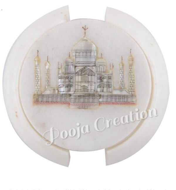 Marble Coasters with Stand Hand Carved Taj Mahal Inlay Work Home Decorative Handicraft Gift 6 Pcs Set - Image 3