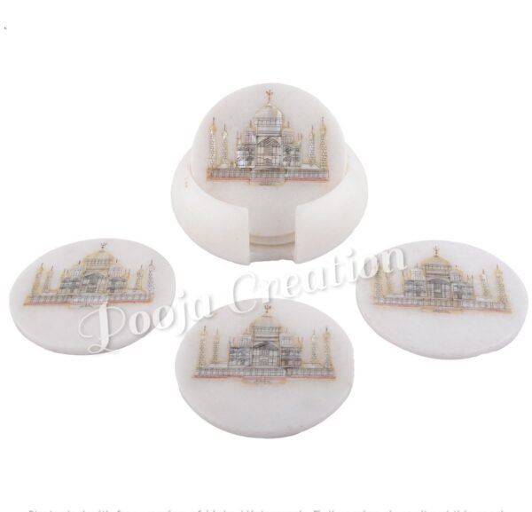 Marble Coasters with Stand Hand Carved Taj Mahal Inlay Work Home Decorative Handicraft Gift 6 Pcs Set - Image 2