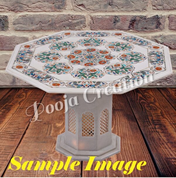 WHite Marble Handicrafts Coffee Corner Side Table Top with Pietre Dura Artwork Red Inlay Work 15" Inches Diameter - Image 6