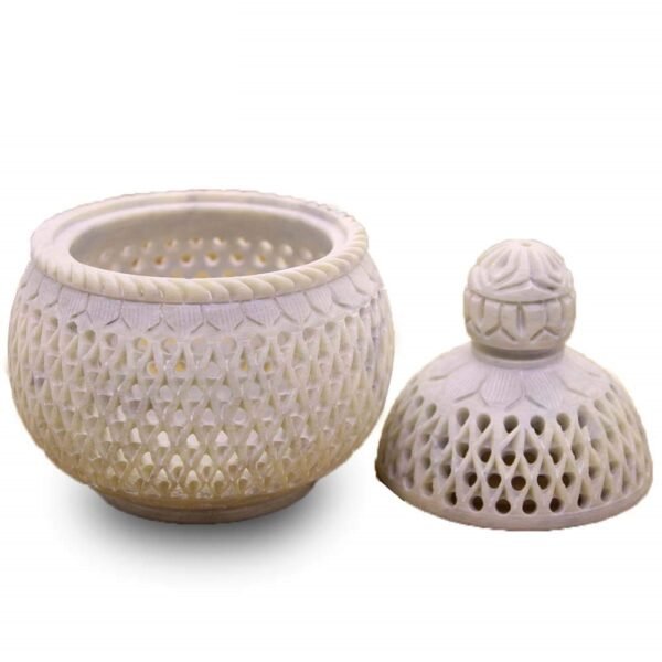 White Marble Soapstone Tea Light Candle Holder Handi Shape. Perfect Handmade Jaali Craving Gift. Decorative Home and Office Decor.4x4x5.5 Inch - Image 2
