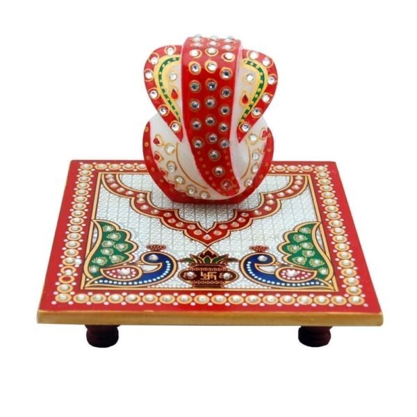 White Marble Chowki Ganesh/Marble Chowki Ganesh for Pooja/Meenakari Work Lord Ganesh Marble Pooja Chowki/White Marble Ganesh Chowki/Best Gift Set of 2