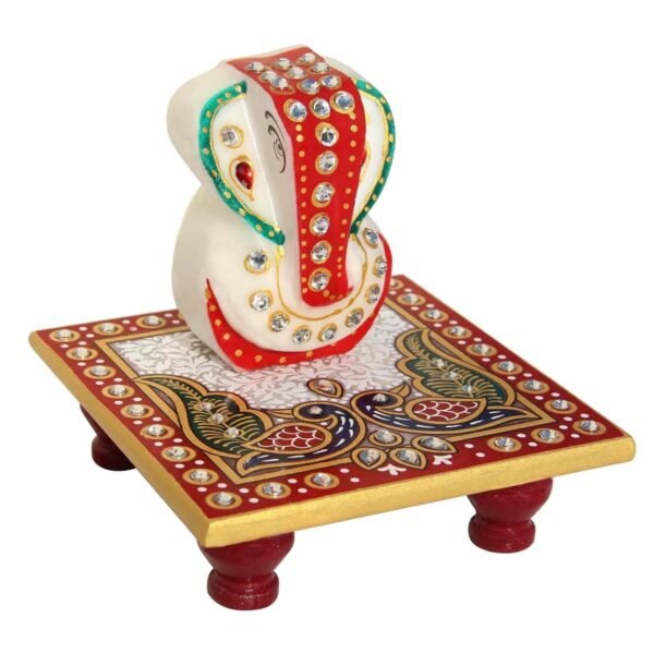 White Marble Chowki Ganesh/Marble Chowki Ganesh for Pooja/Meenakari Work Lord Ganesh Marble Pooja Chowki/White Marble Ganesh Chowki/Best Gift Set of 2 - Image 2