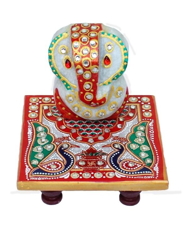 White Marble Chowki Ganesh/Marble Chowki Ganesh for Pooja/Meenakari Work Lord Ganesh Marble Pooja Chowki/White Marble Ganesh Chowki/Best Gift Set of 2 - Image 5