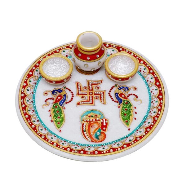 Handicrafts Decorative Marble Pooja Thali | Round Shape Handicraft Home Decor Puja Plate Set with Printed Peacock and Ganesha for Home and Office Multicolor Size 23x23x7.5 Cm - Image 3