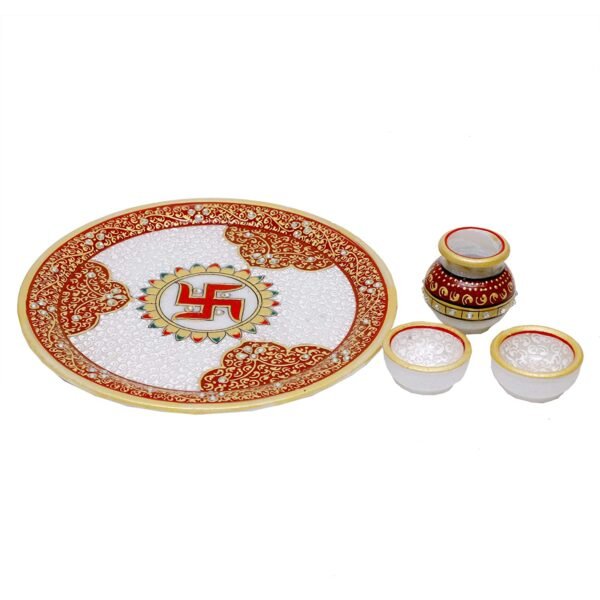 Handicrafts Decorative Marble Pooja Thali | Round Shape Handicraft Home Decor Puja Plate Set with Printed Peacock and Ganesha for Home and Office Multicolor Size 23x23x7.5 Cm - Image 5