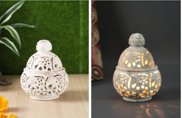 White Marble Soapstone Tea Light Candle Holder Handi Shape. Perfect Handmade Jaali Craving Gift. Decorative Home and Office Decor.4x4x5.5 Inch - Image 6