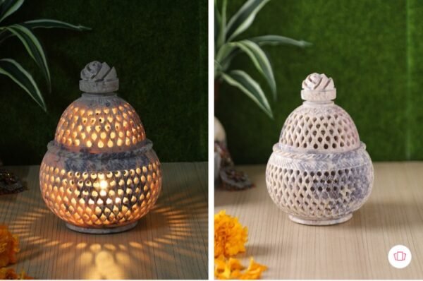 White Marble Soapstone Tea Light Candle Holder Handi Shape. Perfect Handmade Jaali Craving Gift. Decorative Home and Office Decor.4x4x5.5 Inch - Image 4