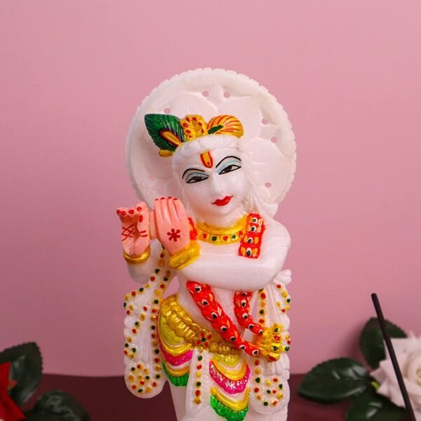 White Marble Krishna Murti | Lord Krishna Marble Idol for Home | Fine Artwork Marble Krishna Statue 7 Inches Multicolor - Image 4
