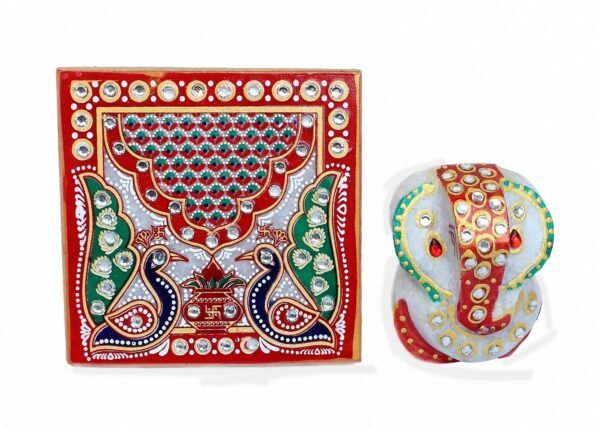 White Marble Chowki Ganesh/Marble Chowki Ganesh for Pooja/Meenakari Work Lord Ganesh Marble Pooja Chowki/White Marble Ganesh Chowki/Best Gift Set of 2 - Image 4