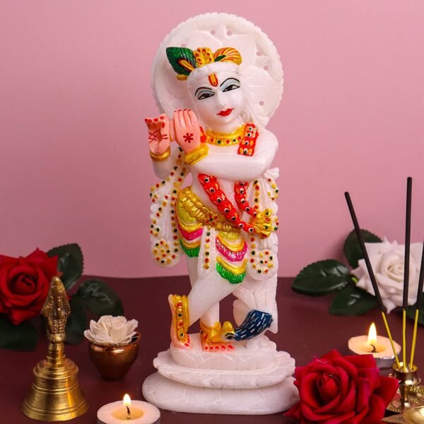 White Marble Krishna Murti | Lord Krishna Marble Idol for Home | Fine Artwork Marble Krishna Statue 7 Inches Multicolor
