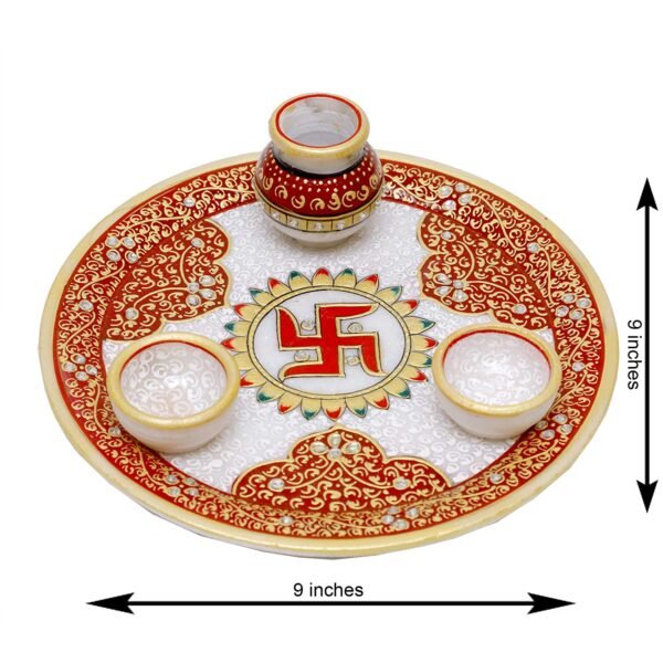 Handicrafts Decorative Marble Pooja Thali | Round Shape Handicraft Home Decor Puja Plate Set with Printed Peacock and Ganesha for Home and Office Multicolor Size 23x23x7.5 Cm - Image 4
