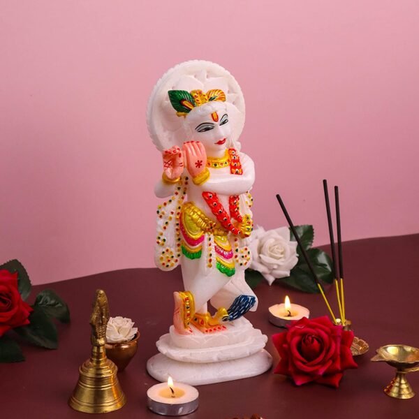 White Marble Krishna Murti | Lord Krishna Marble Idol for Home | Fine Artwork Marble Krishna Statue 7 Inches Multicolor - Image 3