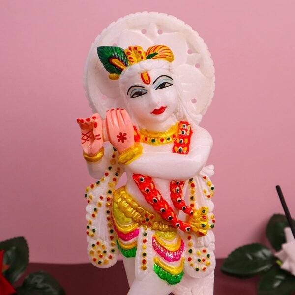 White Marble Krishna Murti | Lord Krishna Marble Idol for Home | Fine Artwork Marble Krishna Statue 7 Inches Multicolor - Image 2