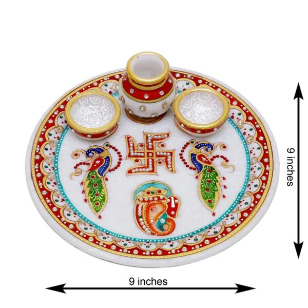 Handicrafts Decorative Marble Pooja Thali | Round Shape Handicraft Home Decor Puja Plate Set with Printed Peacock and Ganesha for Home and Office Multicolor Size 23x23x7.5 Cm - Image 2