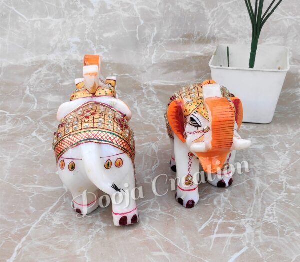 White Marble Elephant Statue Pearl Design for Home Decor ll Showpiece Elephants Pair with Golden Meenakari Work - 4 in - Image 5