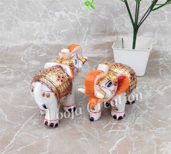 White Marble Elephant Statue Pearl Design for Home Decor ll Showpiece Elephants Pair with Golden Meenakari Work - 4 in - Image 4