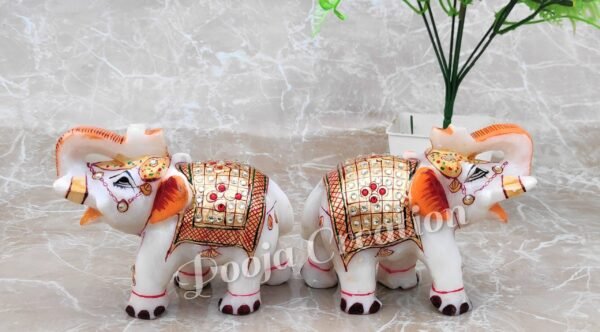 White Marble Elephant Statue Pearl Design for Home Decor ll Showpiece Elephants Pair with Golden Meenakari Work - 4 in - Image 3