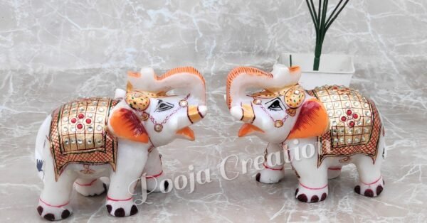 White Marble Elephant Statue Pearl Design for Home Decor ll Showpiece Elephants Pair with Golden Meenakari Work - 4 in