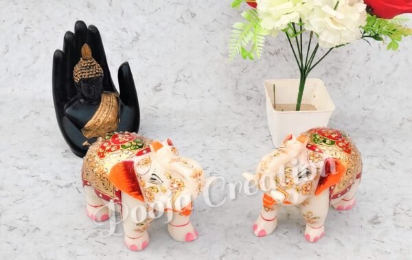 White Marble Elephant Statue for Home Decor ll Showpiece Elephants Pair with Golden Meenakari Work - 4 inch - Image 6