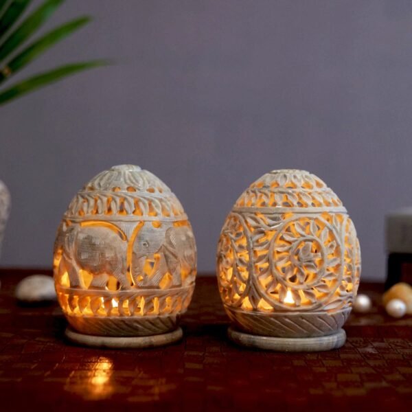 Marble Soapstone Tea Light Candle Holder Set of 2 | Egg Shape | Home & Office Décor | Tea Light Gift Set for Festive Season | Gift Hampers for Special Occasion-3.5 inch - Image 13