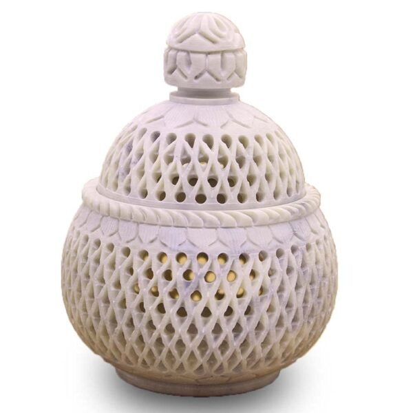 White Marble Soapstone Tea Light Candle Holder Handi Shape. Perfect Handmade Jaali Craving Gift. Decorative Home and Office Decor.4x4x5.5 Inch - Image 8