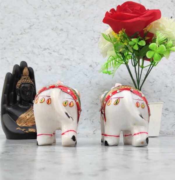 White Marble Elephant Statue Peacock design  for Home Decor ll Showpiece Elephants Pair with Golden Meenakari Work - 4 inch - Image 7