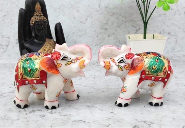 White Marble Elephant Statue Peacock design  for Home Decor ll Showpiece Elephants Pair with Golden Meenakari Work - 4 inch