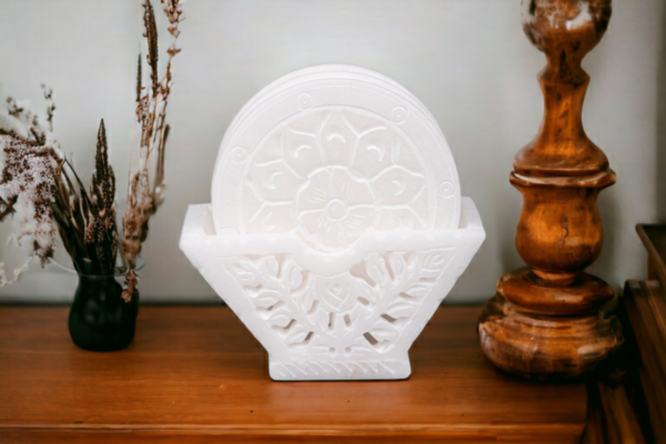 White Marble Floral Carving Work Tea Coaster Set for Table & Home Decorative Handicrafts Gift Item