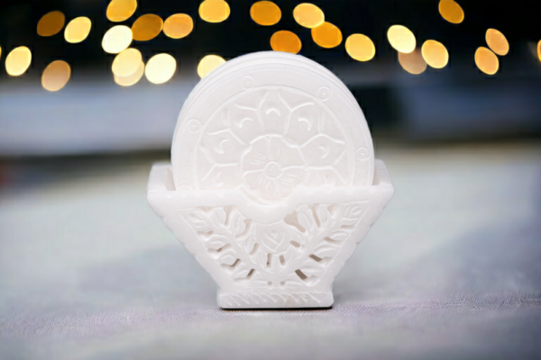 White Marble Floral Carving Work Tea Coaster Set for Table & Home Decorative Handicrafts Gift Item - Image 4