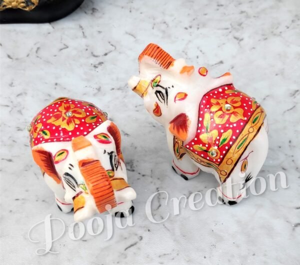 Marble Decorative Elephant Statue for Home Decor Showpiece Elephants Pair with Beautiful Red Golden Work- 2 inch - Image 3