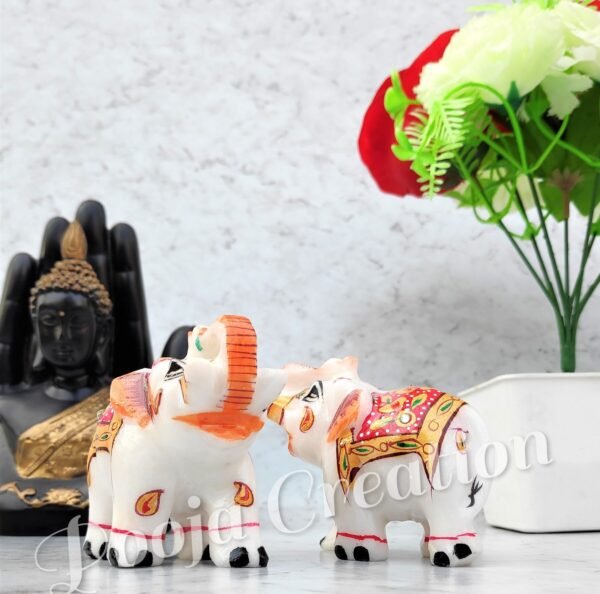 Marble Decorative Elephant Statue for Home Decor Showpiece Elephants Pair with Beautiful Red Golden Work- 2 inch - Image 4