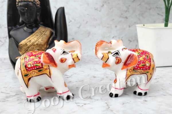 Marble Decorative Elephant Statue for Home Decor Showpiece Elephants Pair with Beautiful Red Golden Work- 2 inch