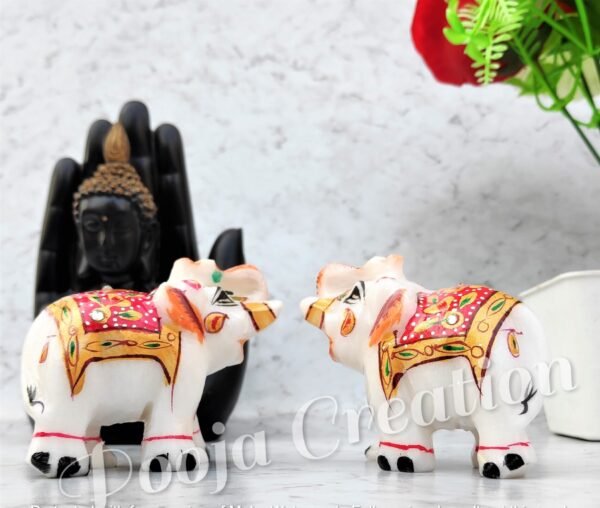 Marble Decorative Elephant Statue for Home Decor Showpiece Elephants Pair with Beautiful Red Golden Work- 2 inch - Image 8