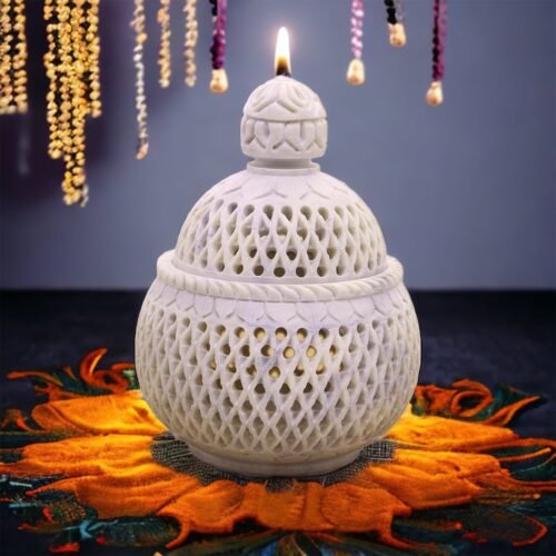 White Marble Soapstone Tea Light Candle Holder Handi Shape. Perfect Handmade Jaali Craving Gift. Decorative Home and Office Decor.4x4x5.5 Inch