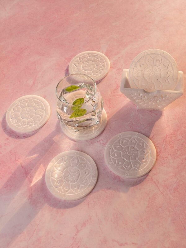 White Marble Floral Carving Work Tea Coaster Set for Table & Home Decorative Handicrafts Gift Item - Image 7