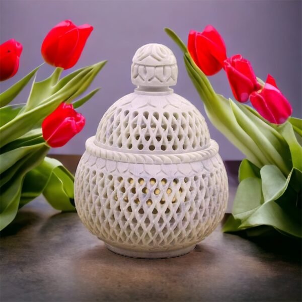 White Marble Soapstone Tea Light Candle Holder Handi Shape. Perfect Handmade Jaali Craving Gift. Decorative Home and Office Decor.4x4x5.5 Inch - Image 3