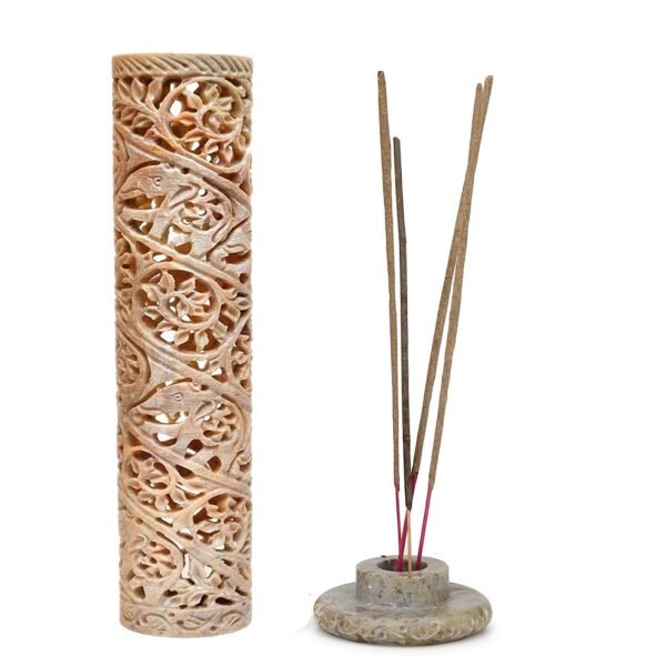 Handcrafted Soapstone Marble Elephant and Flower Work Incense Holder Tea Light Candle Holder Diffuser Agarbatti Stands with Free Incense Sticks for - Gifting, Meditation, Aromatherapy & Home Decor 10 inch