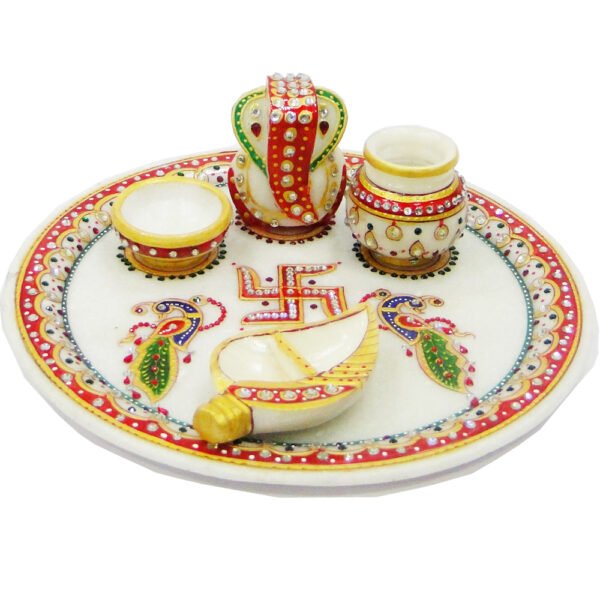 Handicrafts Decorative Marble Pooja Thali | Round Shape Handicraft Home Decor Puja Plate Set with Printed Peacock and Ganesha for Home and Office Multicolor Size 23x23x7.5 Cm