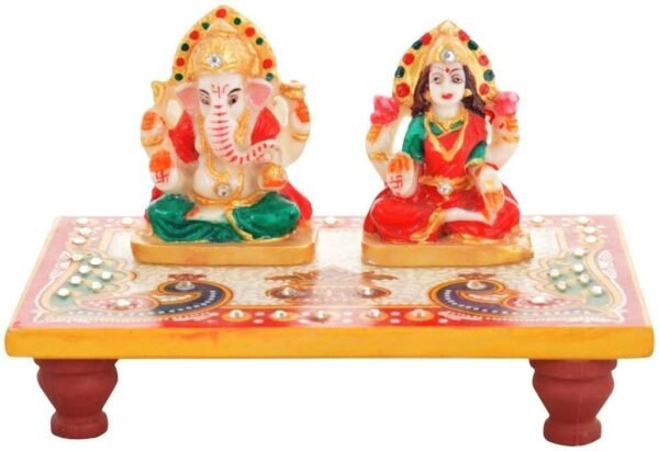 White Marble Laxmi & Ganesha ji with Pooja Chowki Idol Statue Handmade Painted for Home Decor Showpiece Or Corporate Gifts