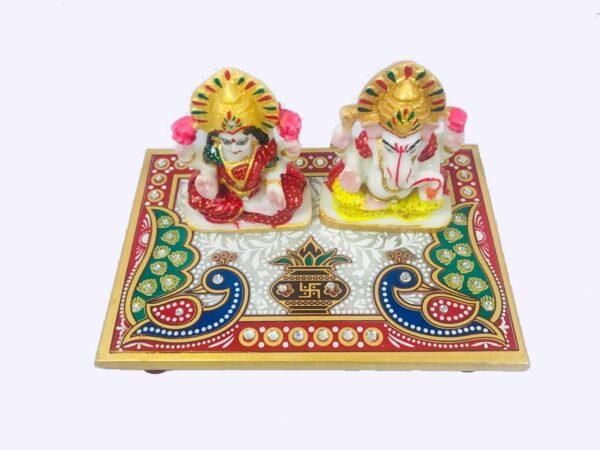 White Marble Laxmi & Ganesha ji with Pooja Chowki Idol Statue Handmade Painted for Home Decor Showpiece Or Corporate Gifts - Image 2