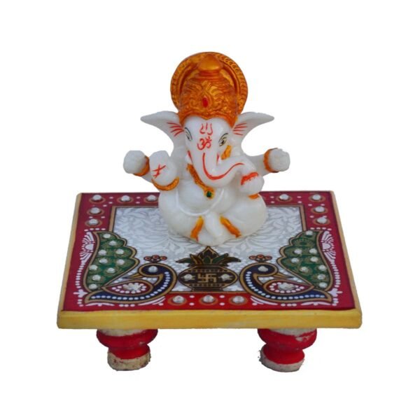 White Marble Choki Ganesha - Handmade with Natural Colors Ganesha with CHOWKI - 4" Marble Ganesha with CHOWKI - Image 3